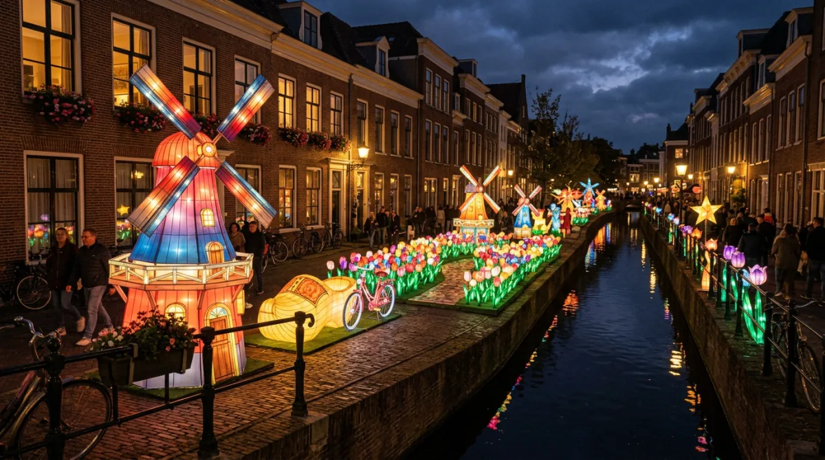 Light installations along a Dutch canal street with illuminated windmill and tulip field, visitors walking the route