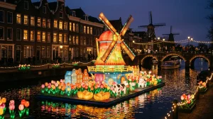 Floating lantern barge carrying an illuminated windmill with Dutch house models, cows, cheese and a tulip field on a canal at night