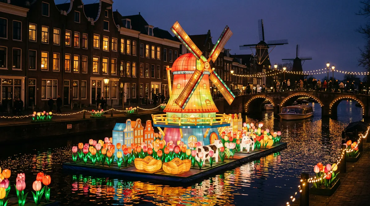 Illuminated floating platform with windmill, canal houses and tulip lanterns on a Dutch canal