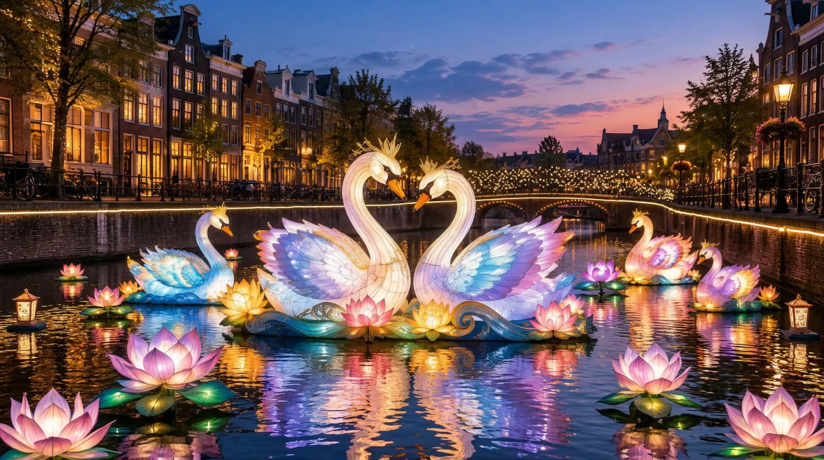 Illuminated swan and lotus light installation floating on an Amsterdam canal at dusk