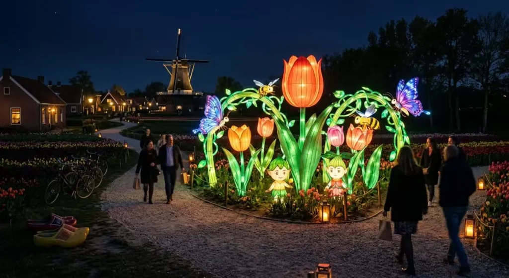 Tulip lantern arch forming a crown of oversized illuminated tulips over a walkway with elves, bees and butterflies in a Dutch flower field