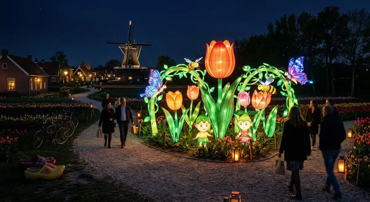 Tulip field lantern installation designed for a European botanical garden lantern festival