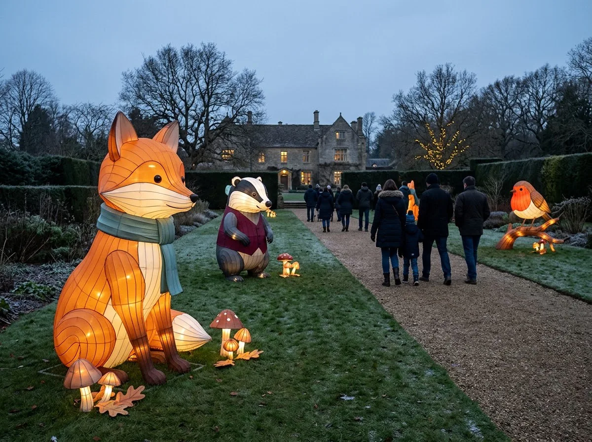 Illuminated wildlife lantern figures including a fox and badger along a UK garden path at dusk