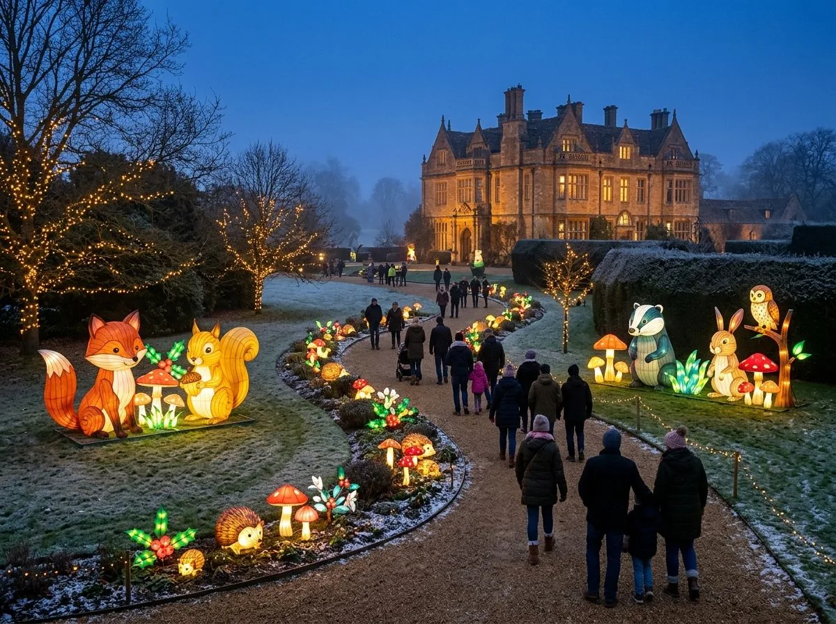 Animal lantern figures along a curved park walkway at night on a UK light trail