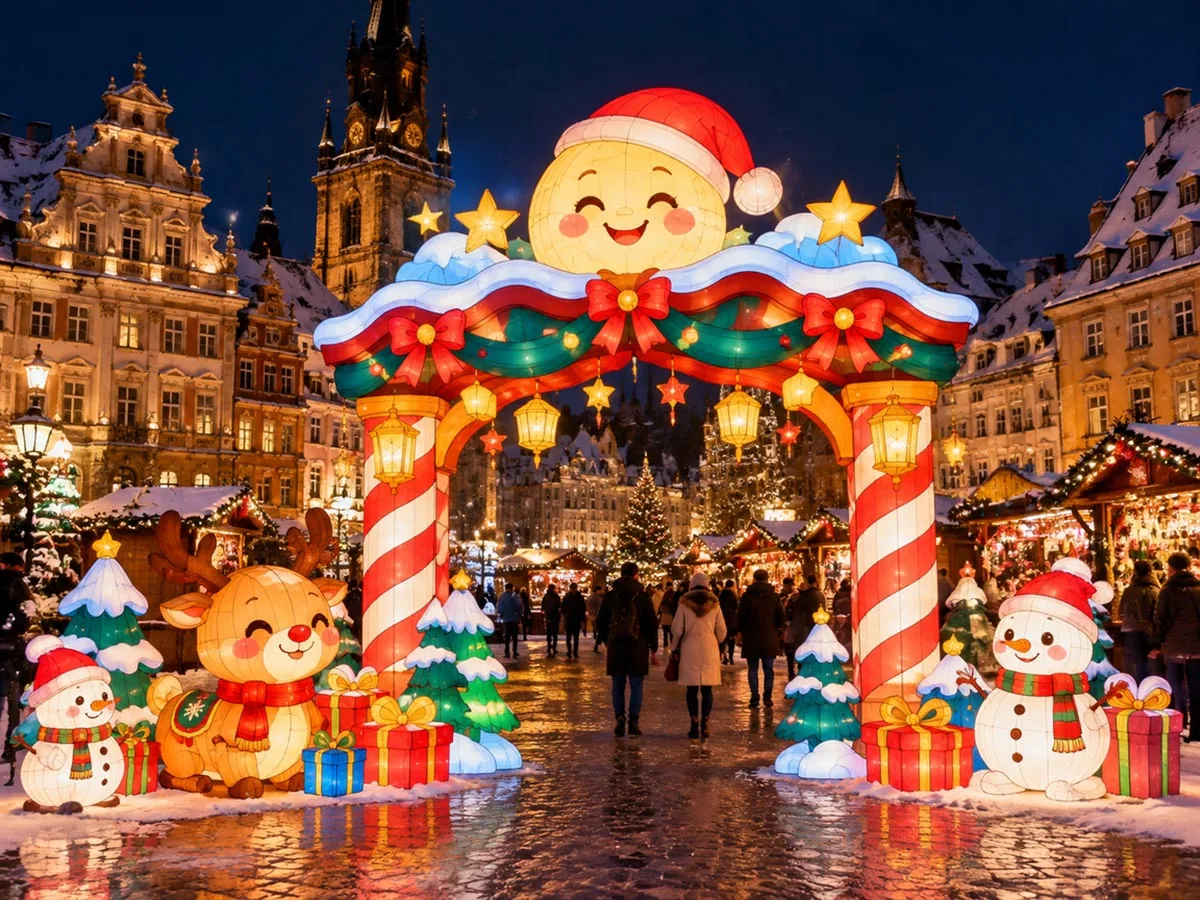 Lantern displays spain — illuminated Christmas market gateway with Santa, reindeer and snowman figures in a European old town square