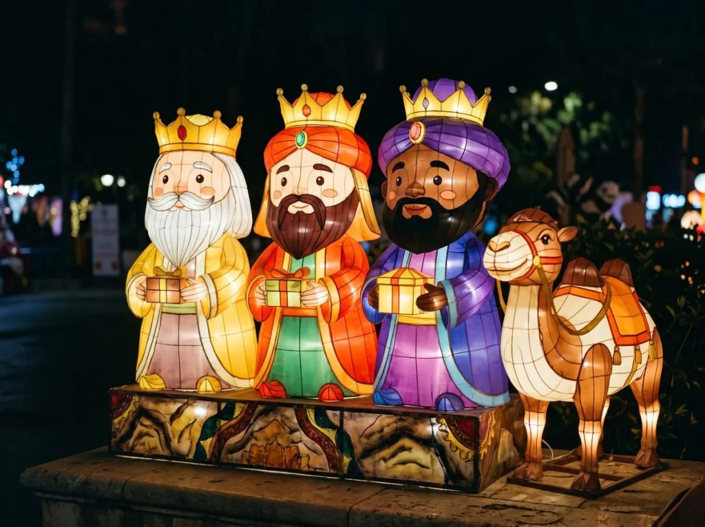 Three Kings lantern display for Spain — Reyes Magos figures with crowns, gift boxes and a camel on a lantern base