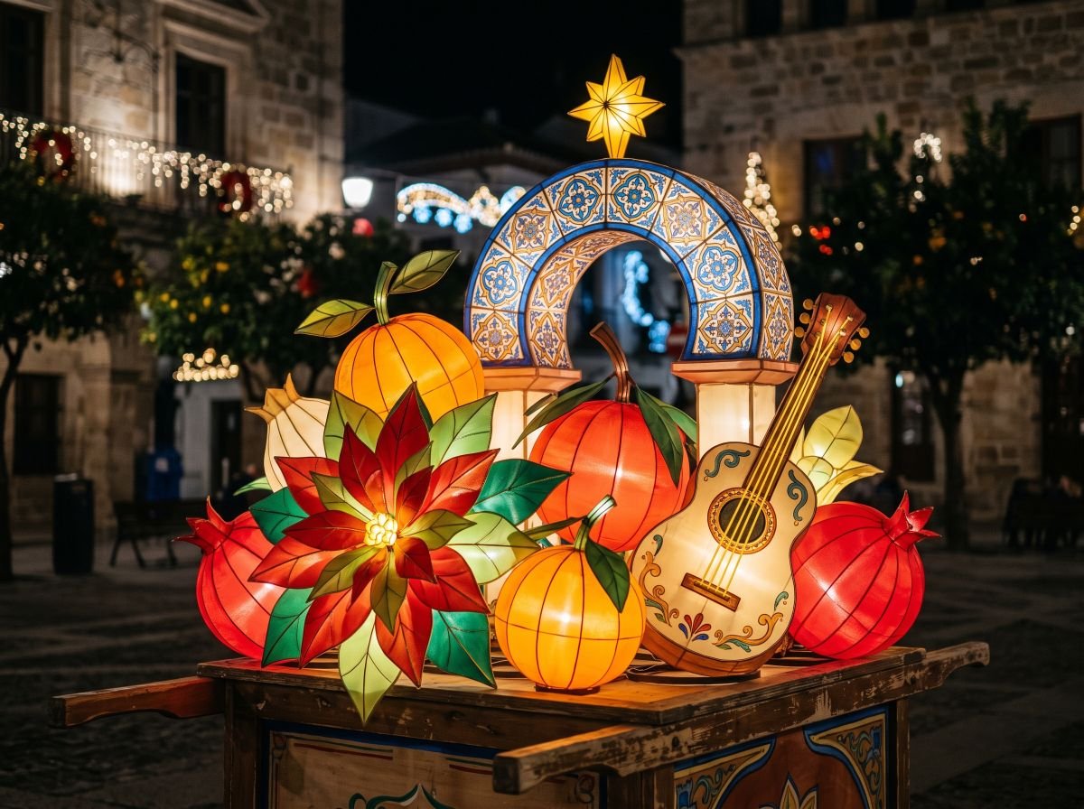 Andalusian lantern display spain — Moorish arch with pomegranates, oranges, guitar and poinsettia at night
