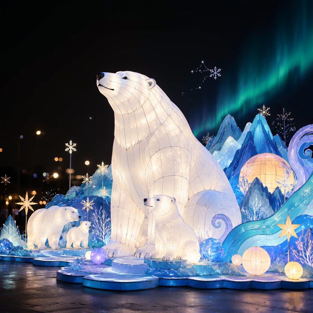 Illuminated polar bear family lantern scene with icebergs and aurora backdrop