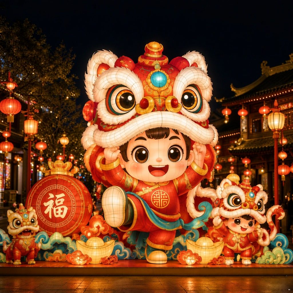 Chinese New Year lion dance lantern with illuminated lion head and fu disc