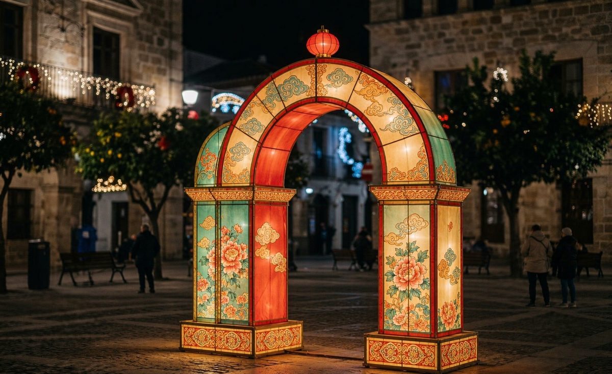 City lantern festival displays — decorated lantern gateway at a city plaza