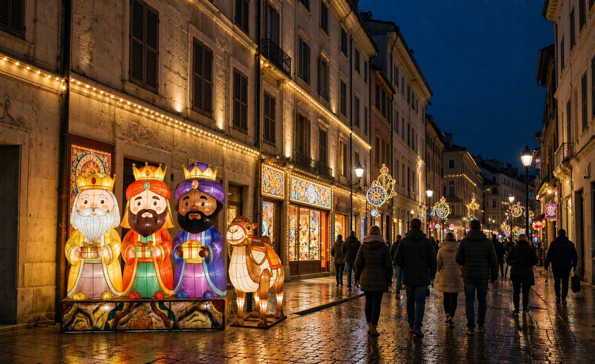 City lantern festival displays — lantern decorated street with visitors at night