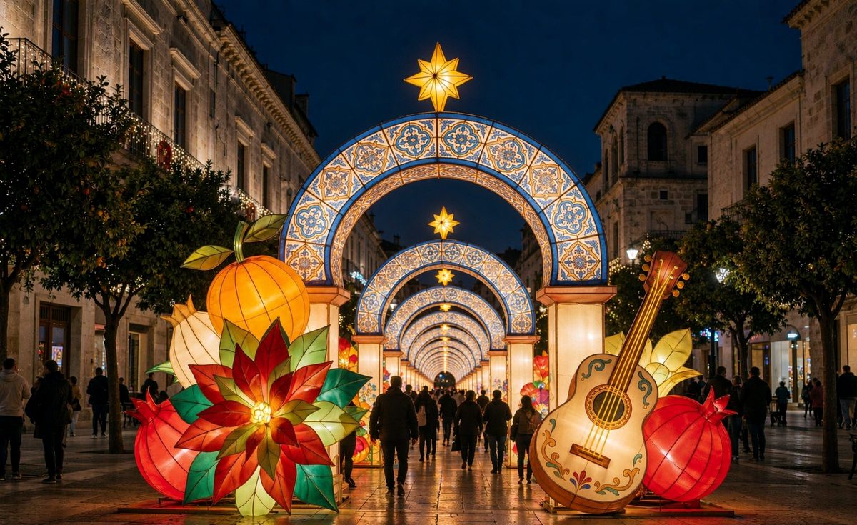City lantern festival displays — illuminated arch promenade forming a light tunnel