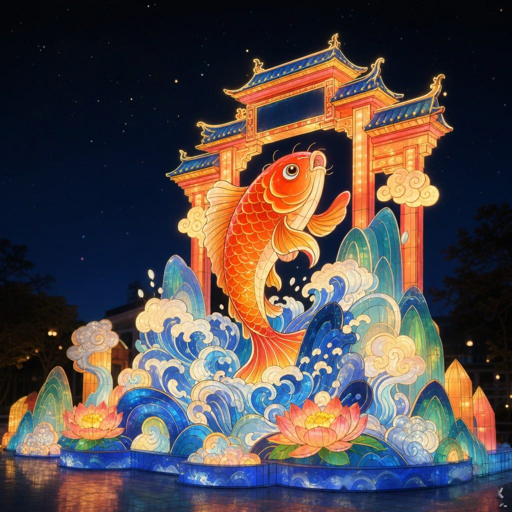 Golden koi lantern leaping through an illuminated Chinese paifang gate above waves