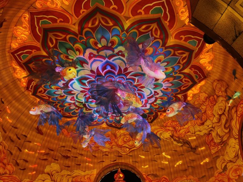 Indoor Ceiling Lantern Installation — Lotus Medallion with Suspended Koi