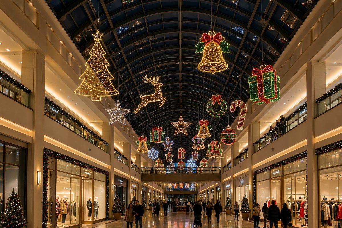 Festive lantern collection suspended in a covered shopping mall atrium