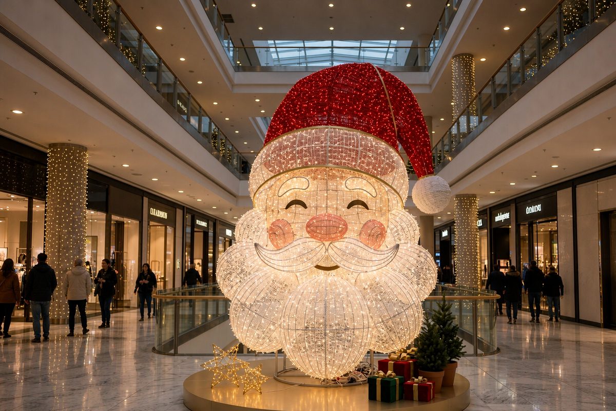 Giant Santa lantern figure standing on a display base as a festive lantern centrepiece