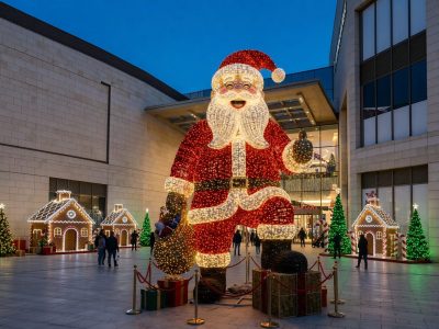 Outdoor Santa Lantern Scene with Gingerbread Houses
