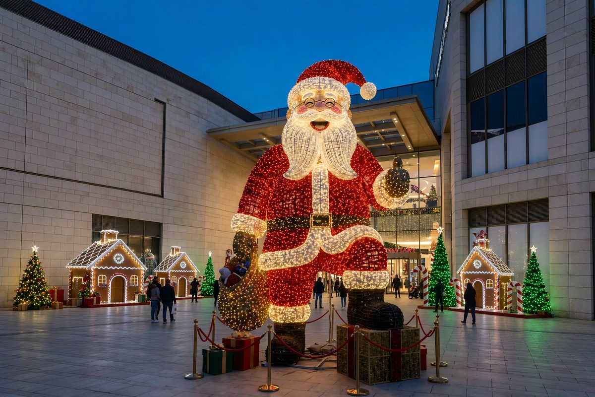 Large outdoor Santa lantern display with gingerbread houses and trees