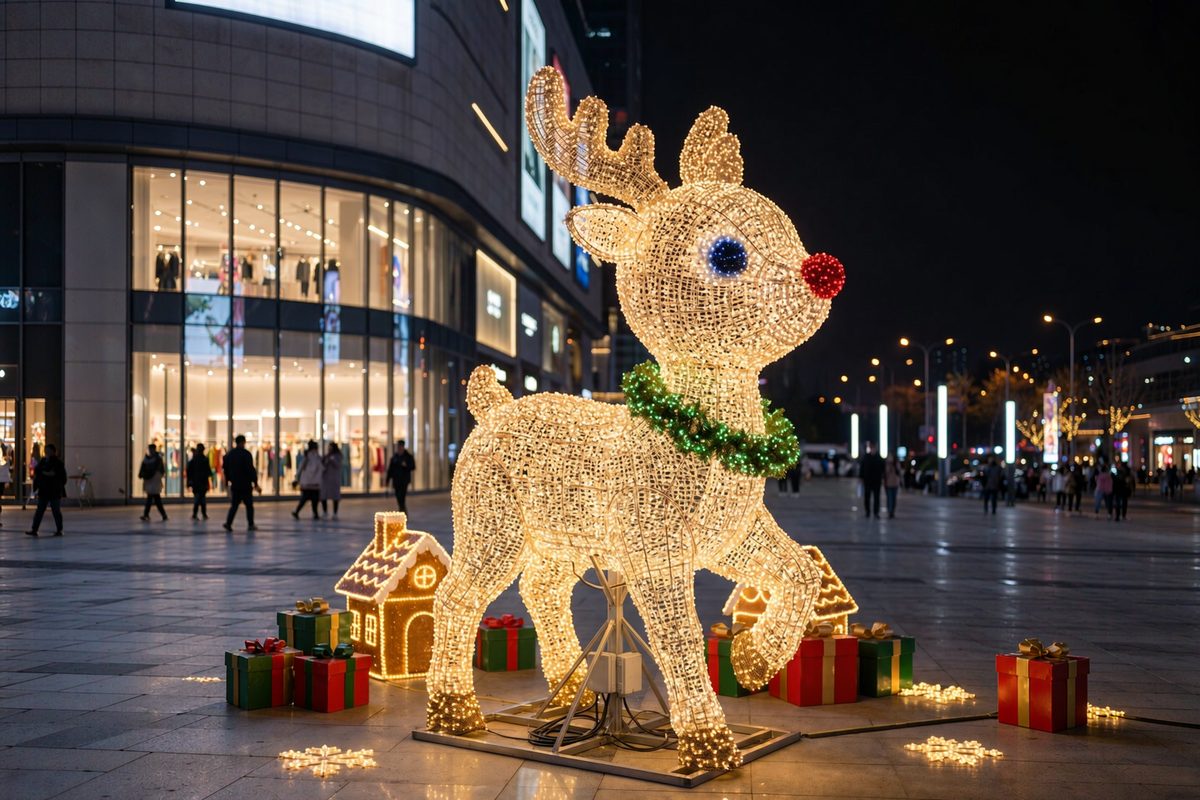 Christmas reindeer light sculpture in warm gold light strings with a green garland collar