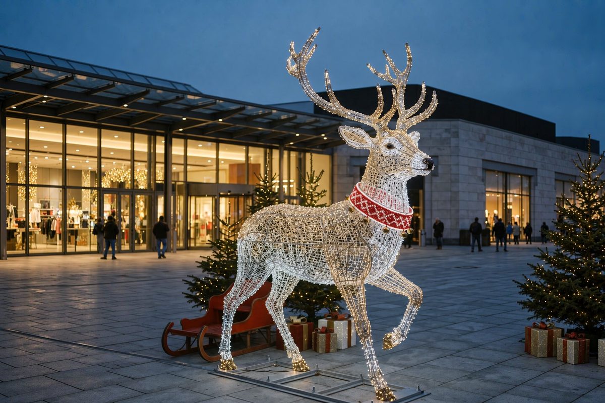 Christmas reindeer light sculpture in silver wire frame with a red and white collar