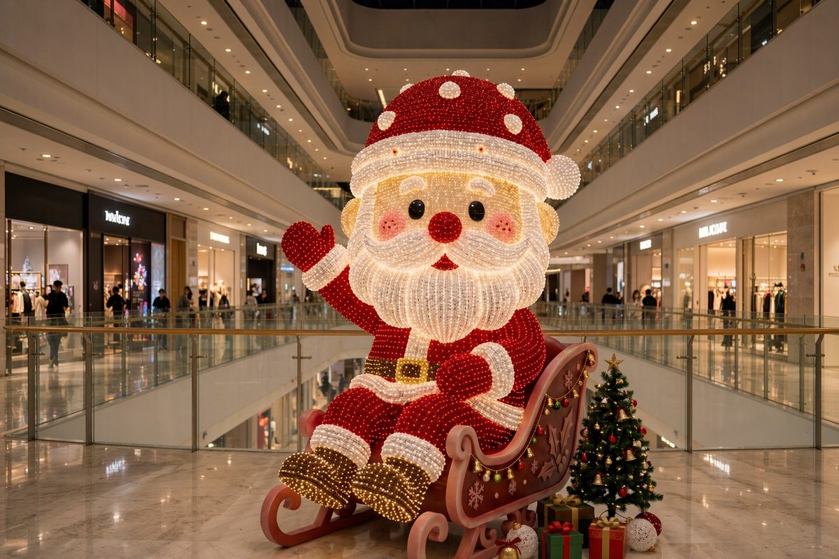 Christmas Santa in sleigh light sculpture made of red and white light balls