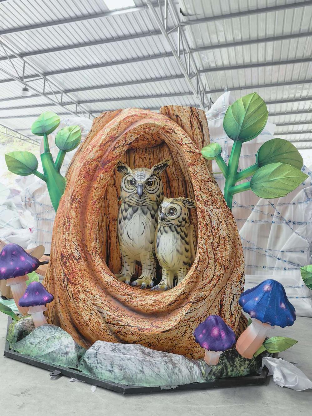 Owl in Tree Hollow Lantern in warm festival lighting