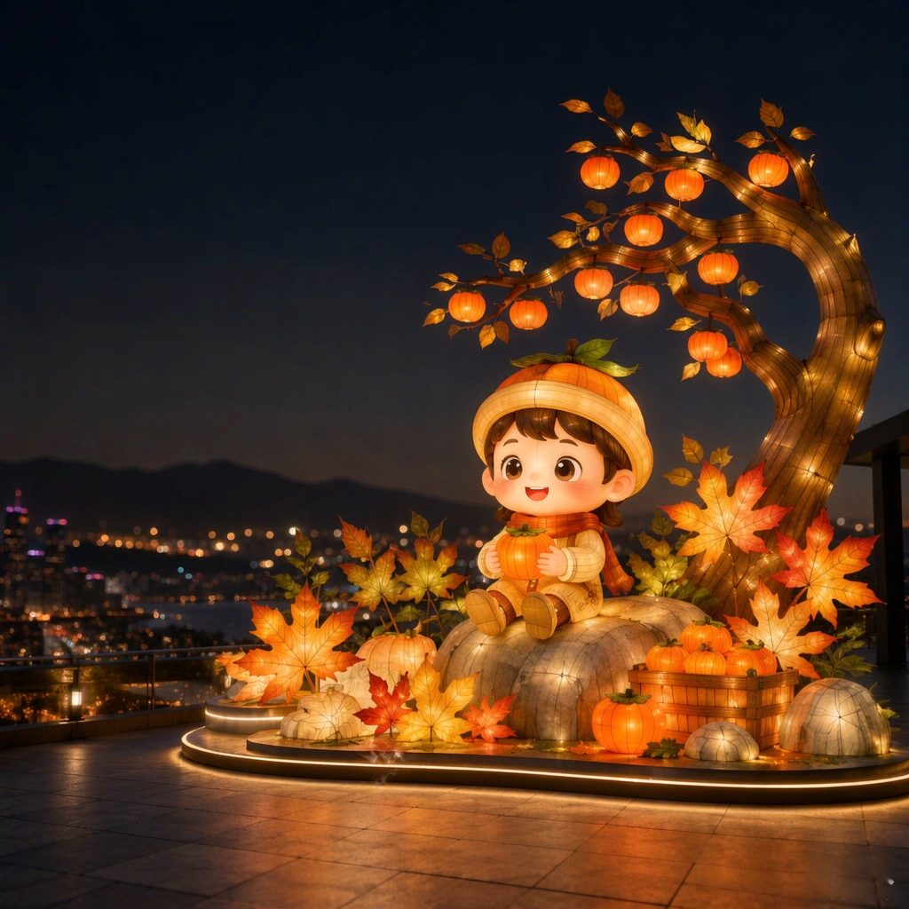 Persimmon harvest lantern scene with lit tree, seated character and maple leaves