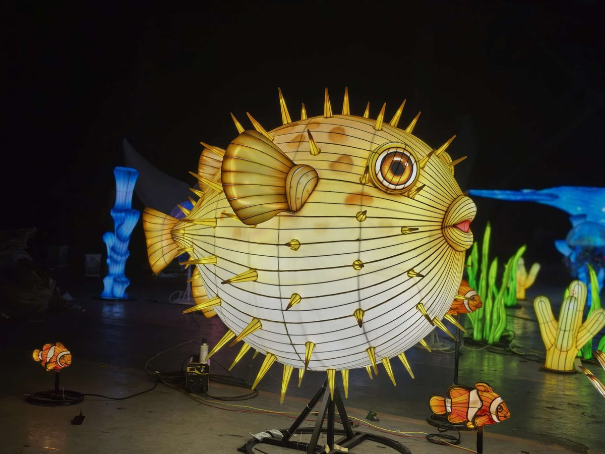 Pufferfish Lantern in warm festival lighting