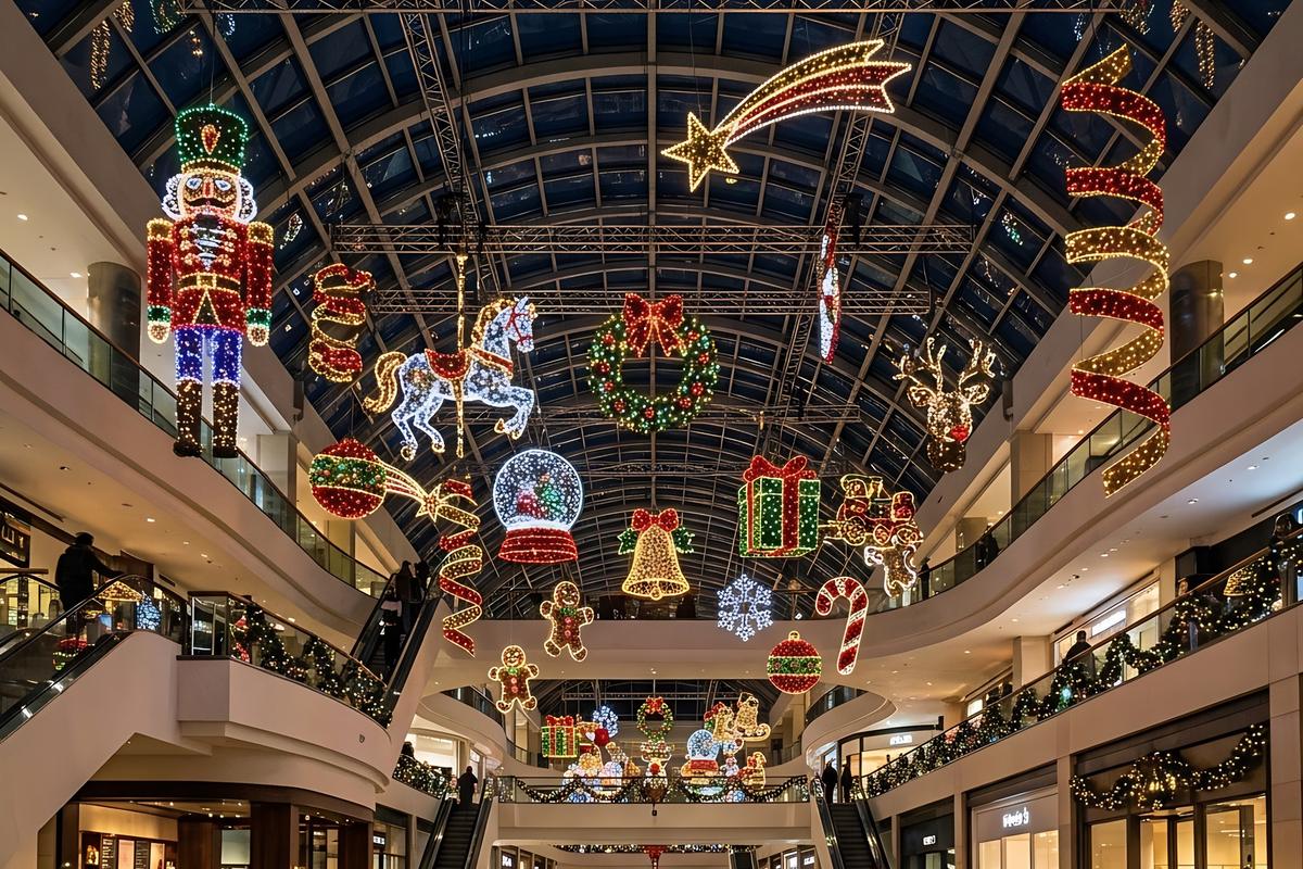 Suspended festive lantern collection with a large nutcracker figure in a mall atrium